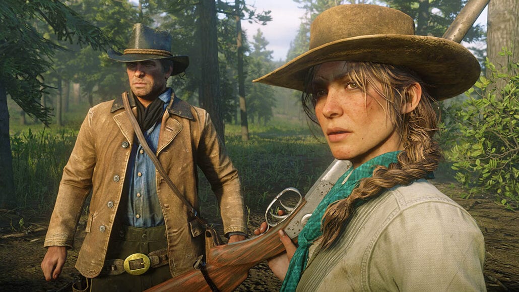 Two outlaws talking in a sunlit forest, one holding a rifle